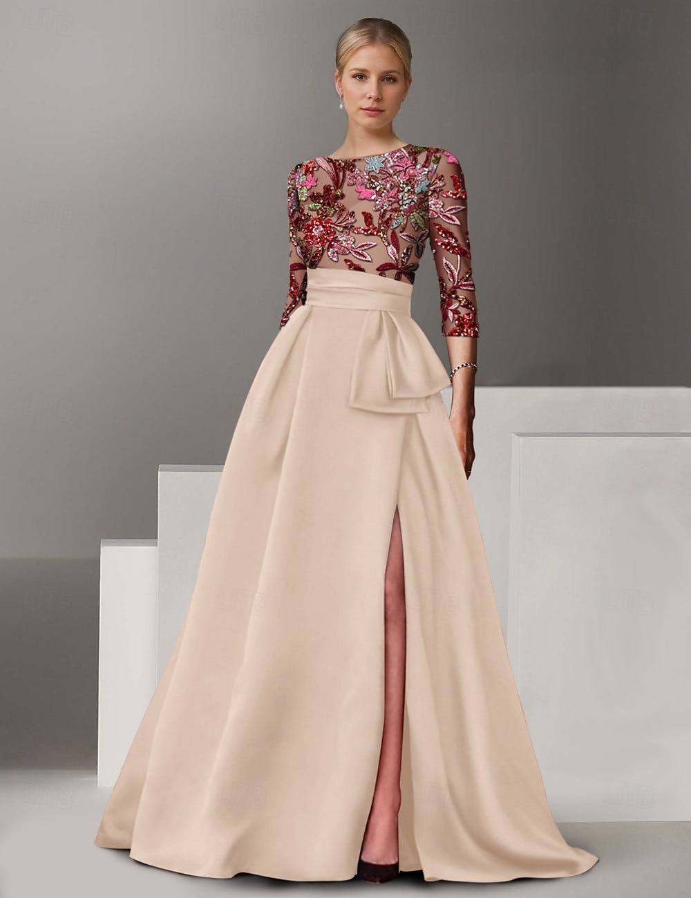 Abito da Sera A-Line Ricamato Floreale Elegante Formale Matrimonio Lungo Fino al Pavimento Mezza Manica Collo a Camicia di Satin con Fiocco(e) Spacco del 2025 a $159.99 –P5