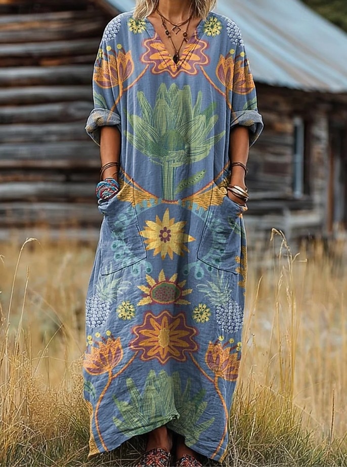 Damen Maxikleid Sommerkleid A Linie Kleid Urlaub Lässig Boho Geburtstag Täglich Ferien Lässiger Schnitt Blumen Langarm V Ausschnitt Marineblau Leicht Braun Blau Violett Frühling Herbst 2025 - $38.99 –P4