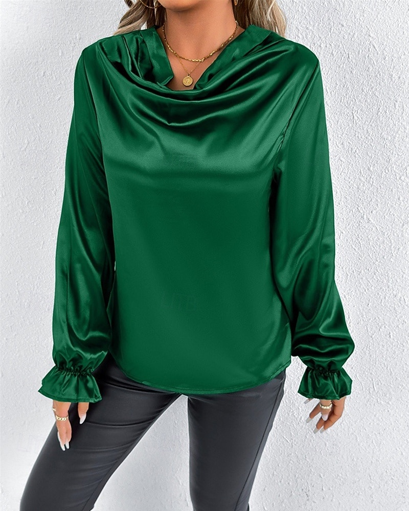 Жен. Рубашка Elegant Нарядный Атласный верх Драпировка Сплошной цвет Стиль На каждый день Длинный рукав Вырез-хомут Обычные топы Повседневные На выход Черный Розовый Зеленый Абрикосовый Весна Осень 2026 - $27.99 –P5