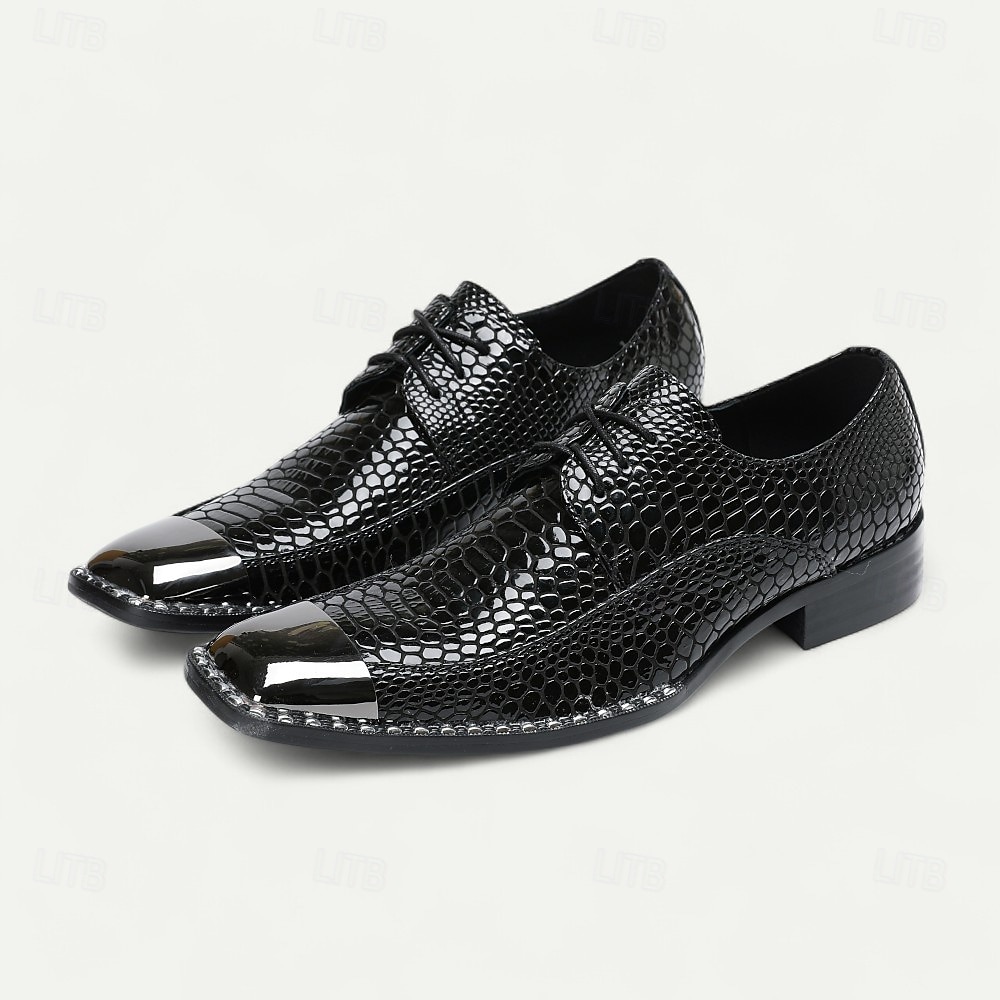 Sapatos sociais masculinos de couro legítimo bordô com estampa de cobra e cadarço e biqueira de metal – sapatos da moda para banquetes e coquetéis de 2026 por $129.99 –P9