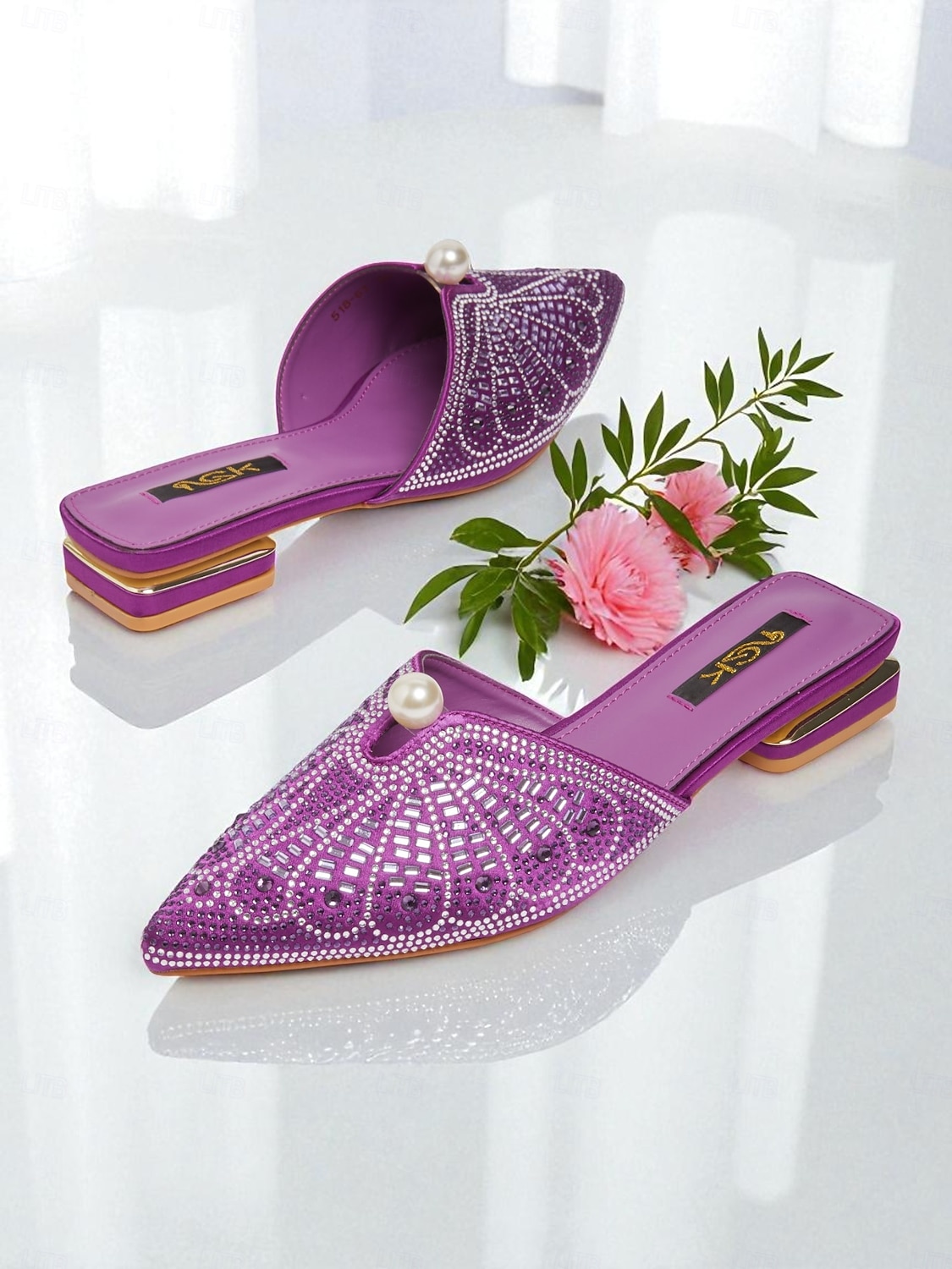mules femininas com strass dourados e detalhes em pérolas - sapatos glamorosos de bico fino e sem cadarço para a vida noturna e coquetéis de 2025 por $32.99 –P2