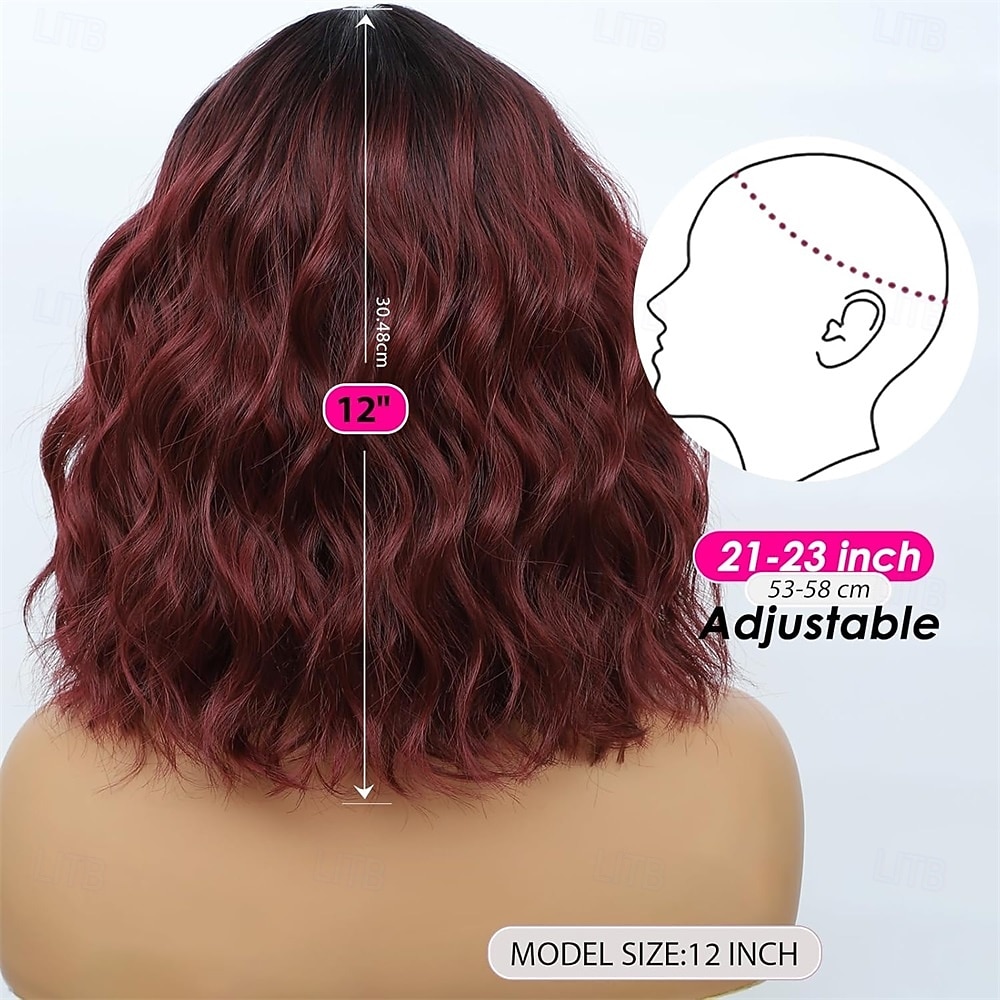 Synthetische bobpruik met pony voor vrouwen, bordeauxrode synthetische hittebestendige losse krullende golvende pruik, korte wijnrode lijmloze bobpruik, kapsel voor elke dag 2026 - $21.99 –P3