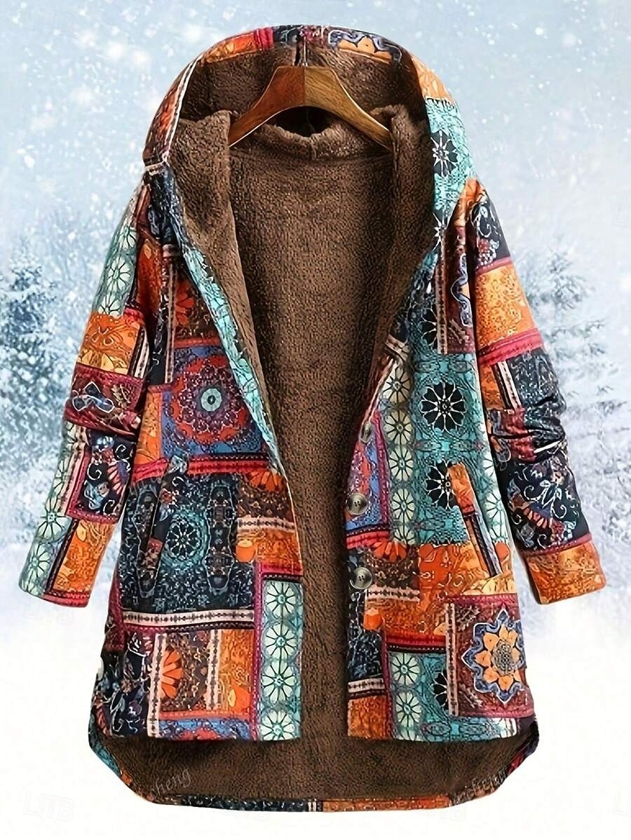 Mulheres Jaqueta sherpa Jaqueta casual Confortável Respirável Imprimir Casual Geométrica Férias Rua Casual Roupa Diária Abertura Frontal Longo Com Capuz Normal Manga Longa agasalhos Laranja Primavera de 2025 por $35.99 –P1