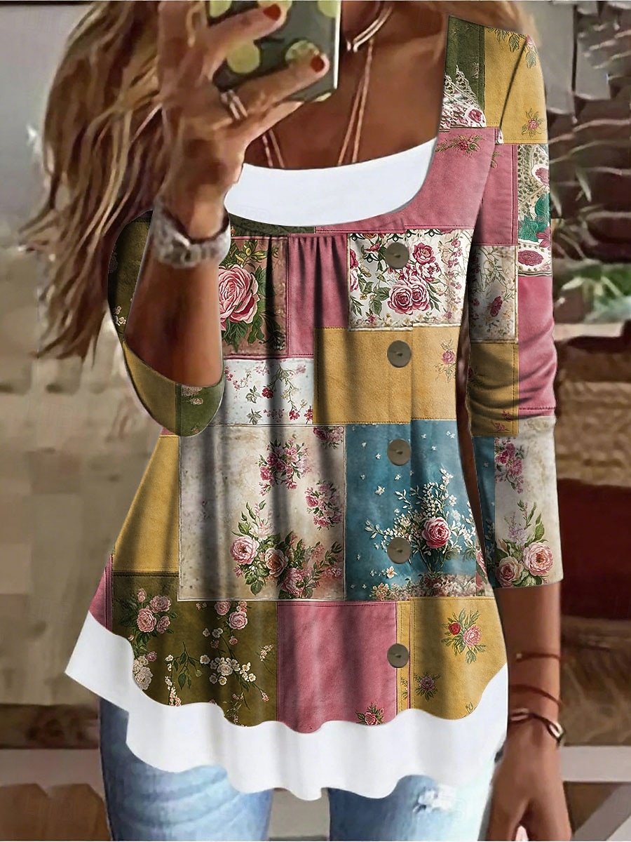 Femmes T-shirt Fleuri Graphique ancien Élégant Classique manche longue Col carré Hauts Longs Quotidien Week-end Patchwork Boutons Imprimé Rouge Bleu Violet Vert Printemps Automne Hiver de 2025 ? $24.99 –P1