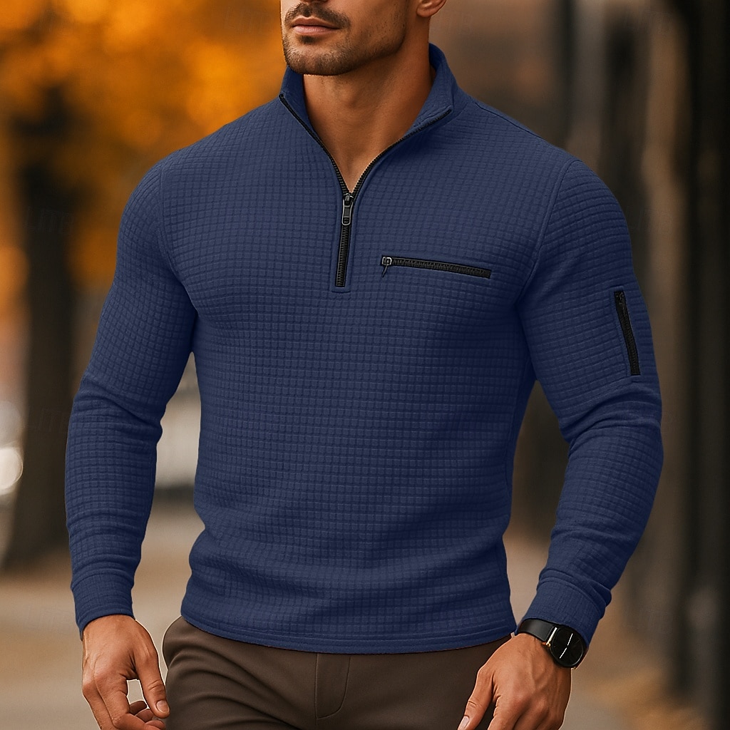 Herren Waffel-Poloshirts Urlaub Arbeit Viertelreißverschluss Langarm Mode Bequem Farbblock Reißverschluss Tasche Frühling & Herbst Normale Passform Schwarz Weiß Marineblau Orange Waffel-Poloshirts 2025 - $25.99 –P13