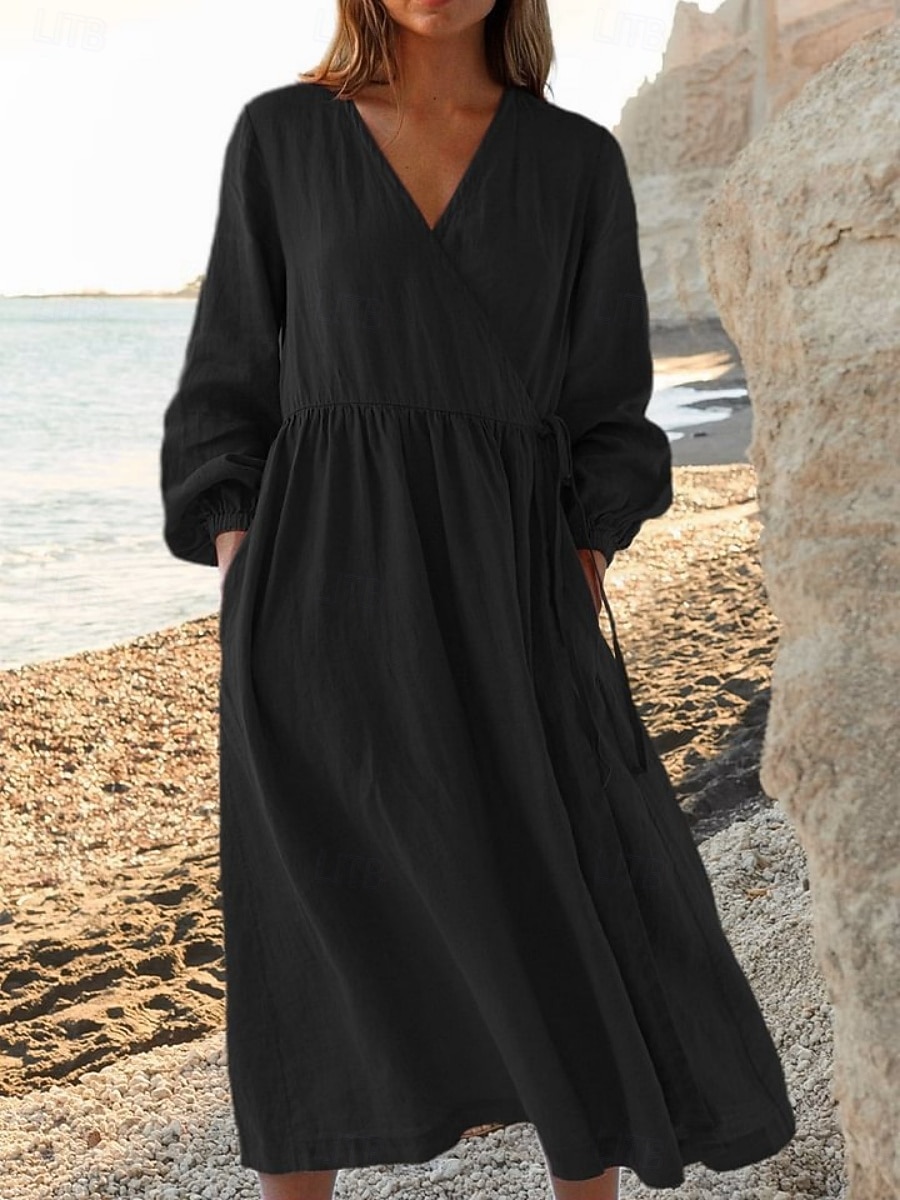Women's Midi Dress Faux Cotton Linen A Line Dress Casual Daily Loose Fit Plain Long Sleeve V Neck Blue Black White Yellow Summer Spring Fall 2026 - $35.99 –P2