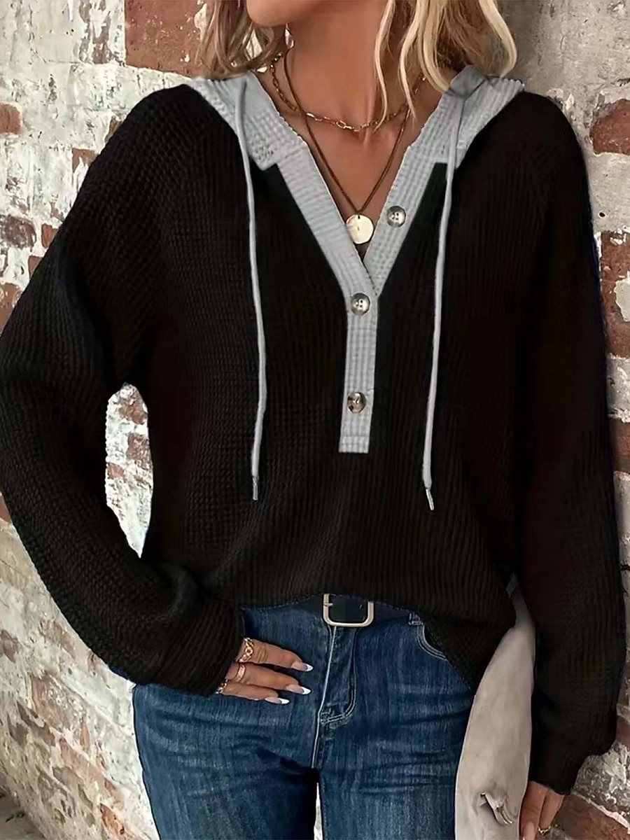 Mujer Blusa Retazos Botones Color sólido Elegante Casual Manga Larga Con Capucha Tops regulares Diario Negro Blanco Rosa Gris Primavera Otoño Invierno 2026 - $33.99 –P6