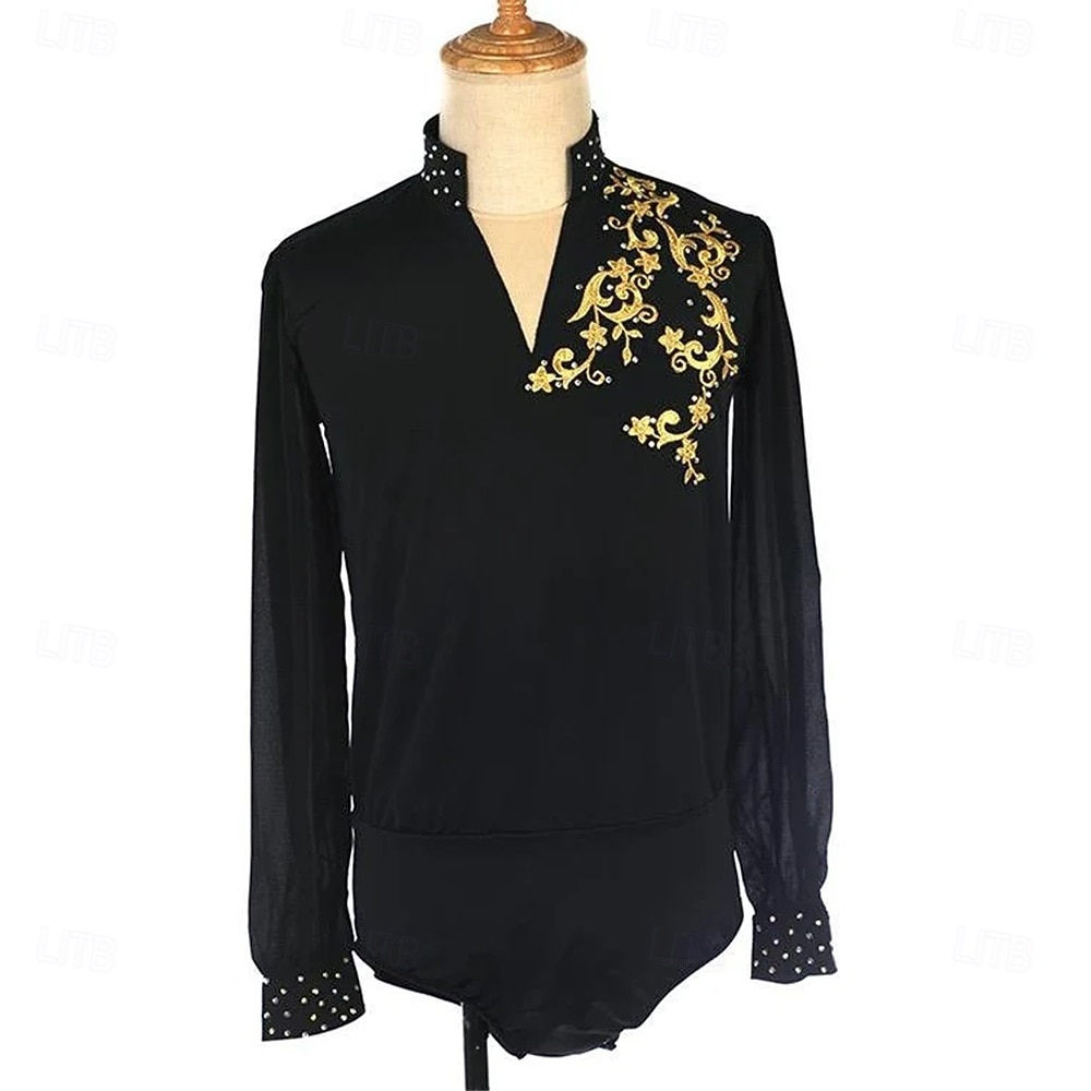 Figure Skating Top Men's Boys' Ice Skating Tops Black Patchwork Spandex High Elasticity Training Competition Skating Wear Classic Crystal / Rhinestone Long Sleeve Ice Skating Figure Skating 2025 - $338.09 –P1