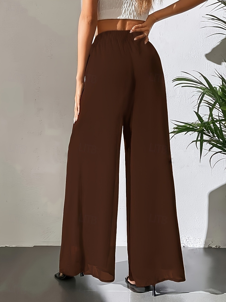Mulheres Perna larga chinês Moda Roupa de rua Básico Comprimento total Cintura Alta Tecido Cintura elástica Confortável Macio Com Stretch Ao ar livre Rua Casual Marron Escuro Vinho Preto Branco Verão de 2025 por $26.99 –P13