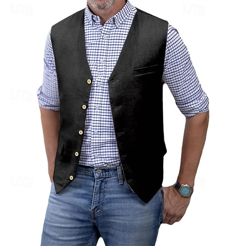 Per uomo Gilet Vacanza Feste Affari Moda Casual Primavera Autunno Tasca Bottoni 75% cotone Confortevole Semplice Monopetto Un Bottone Scollo a V Vestibilità regolare Argento Nero Bianco Champagne del 2025 a $39.99 –P6