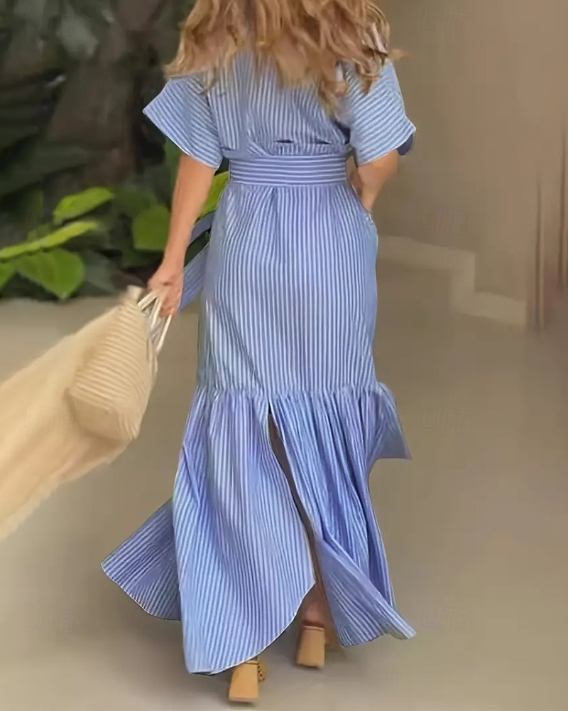 Per donna Abito Lungo Maxi Abito Abito Camicia Moderno Quotidiano All'aperto Vacanza Vestibilità regolare A righe Manica Corta Girocollo Colletto a Camicia Blu Magenta Nero Rosa Primavera Autunno del 2026 a $29.99 –P7