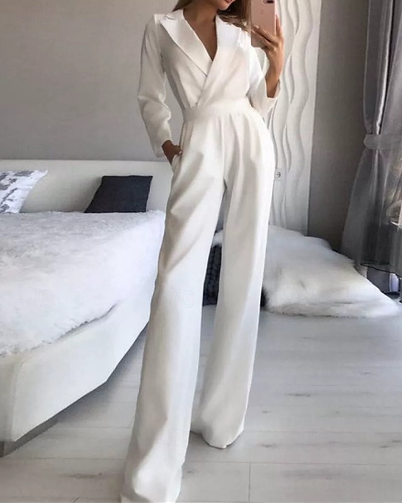 Női Szabályos Jumpsuitek Utcai sikk Tömör szín Hosszú ujj V-alakú Zseb Utca Napi Normál Fekete Fehér Bor Nyár 2025 - $31.99 –P4