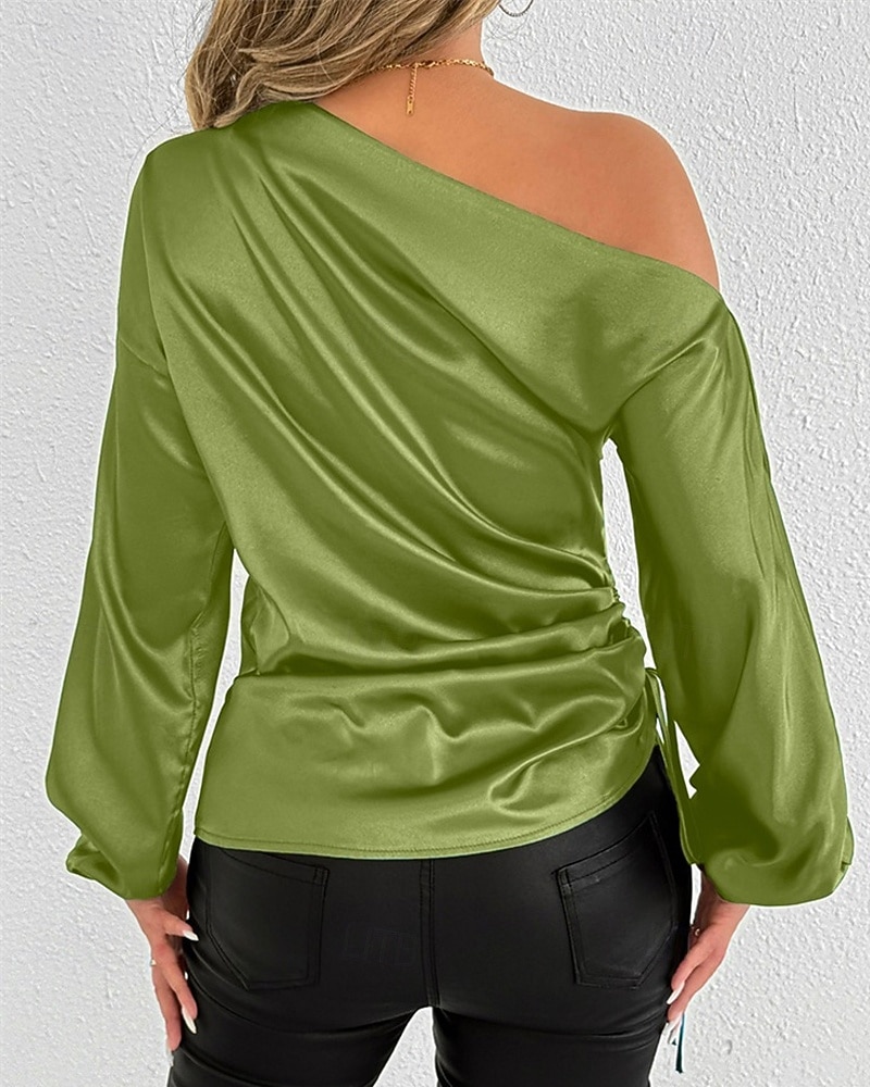 Mulheres Camisa Social Elegant Elegante Top de cetim Assimétrico Tecido à moda Casual Manga Longa ombro frio Tops regulares Diário Para Noite Preto Verde Primavera Outono de 2026 por $28.99 –P8