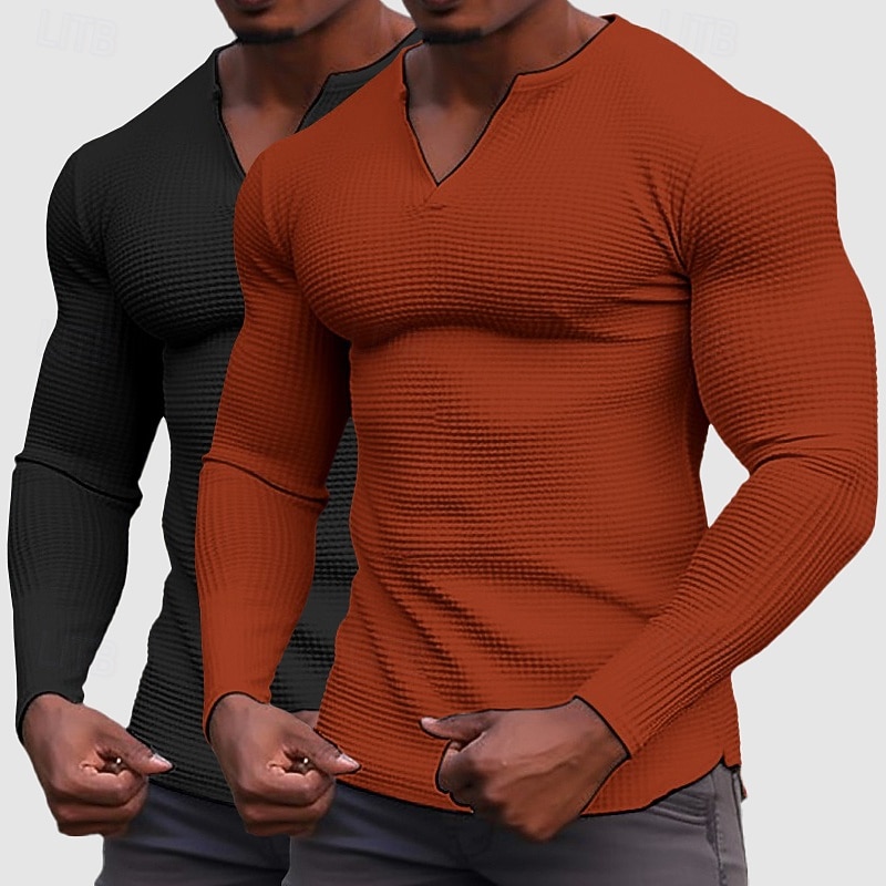 Homens Camisa Waffle Camiseta T-shirt Camisa de manga longa Manga Longa Decote V Henley Primavera & Outono Todas as Estações Tecido Moda Designer Básico 2 Peças Multi-pack Férias Rua Casual C D E Top de 2026 por $32.99 –P3