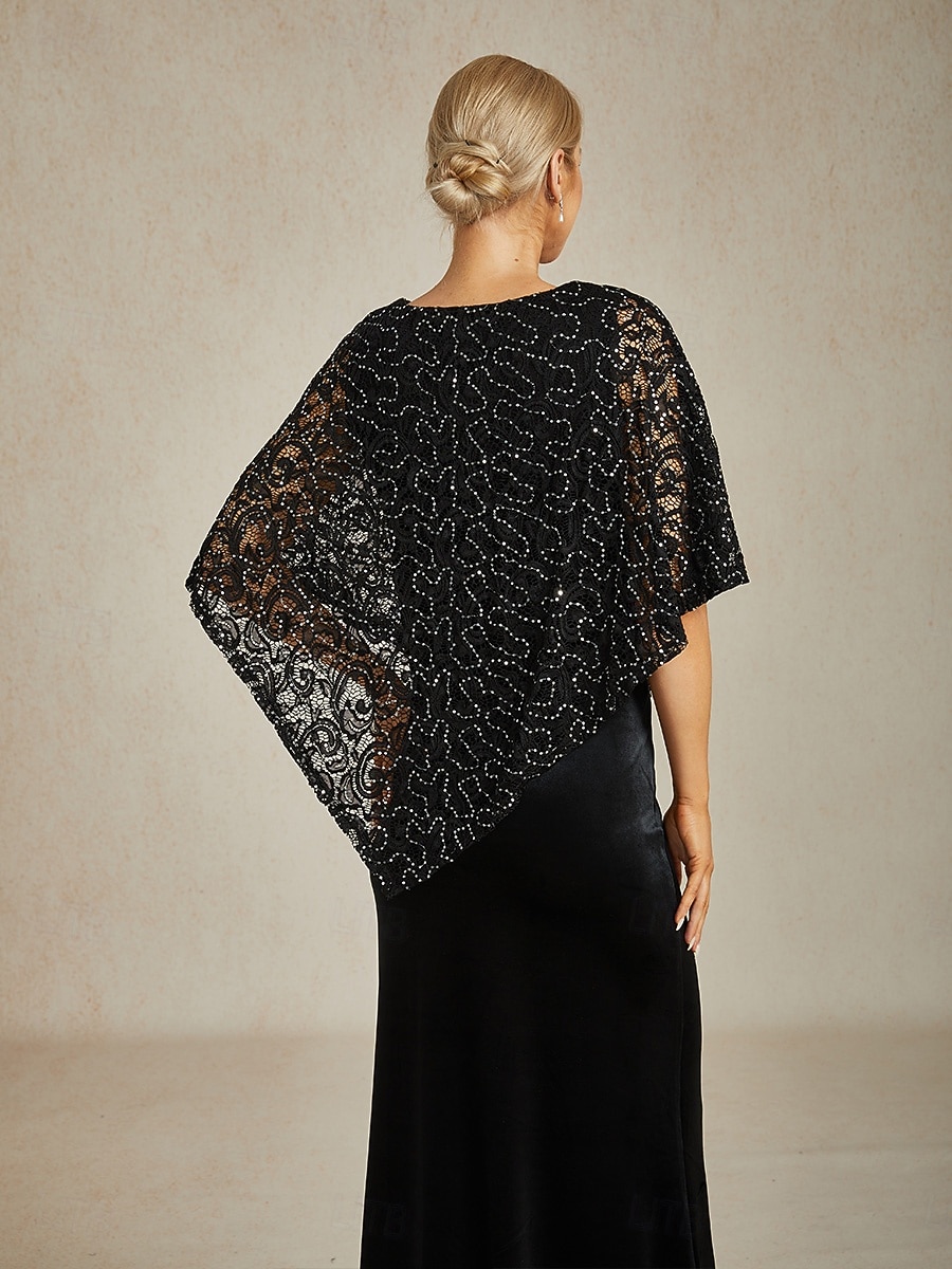 فستان بونشو مزين بخيوط لامعة للنساء، بلوزات Lace، بلوزات مسائية، لون موحد، أنيق، stylish، بدون أكمام، رقبة دائرية، بلوزات عادية، ضيوف الزفاف، ملابس المساء، حفلة مسائية، Lace، أسود، ربيع، خريف، شتاء 2025 - $69.99 –P2