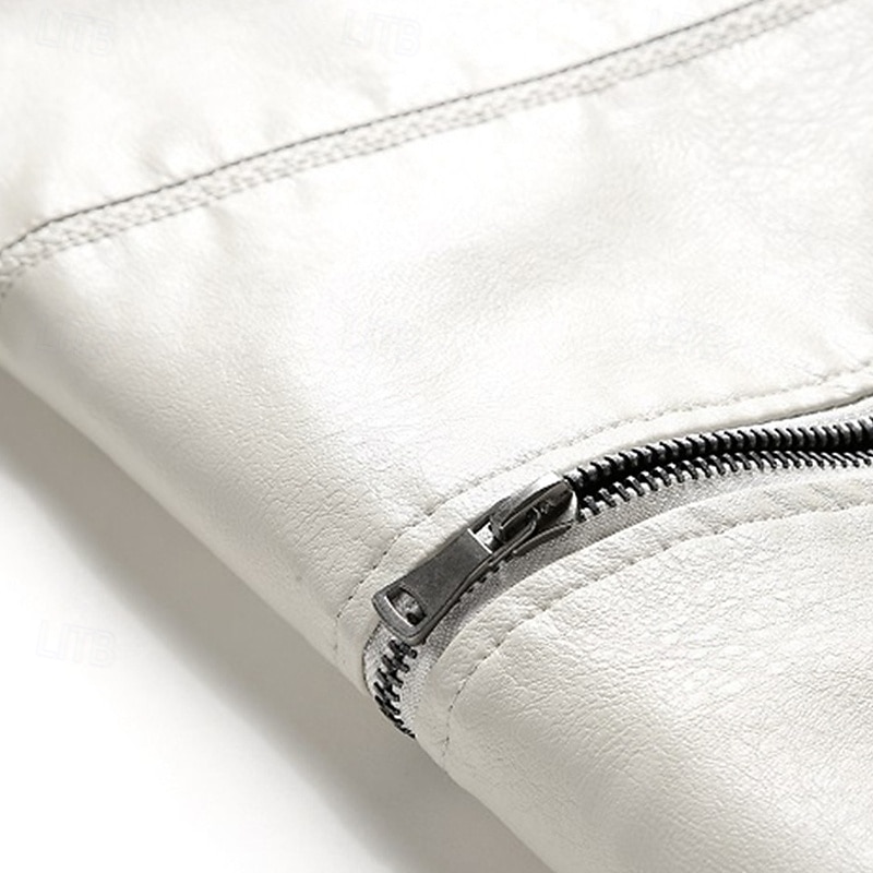 Men's Faux Leather Jacket Fleece Jacket Biker Jacket Motorcycle Jacket Vacation Daily Windproof Warm Pocket Fleece Fall Winter Plain Fashion Classic Stand Collar Regular Black White Wine Jacket 2025 - $54.99 –P6