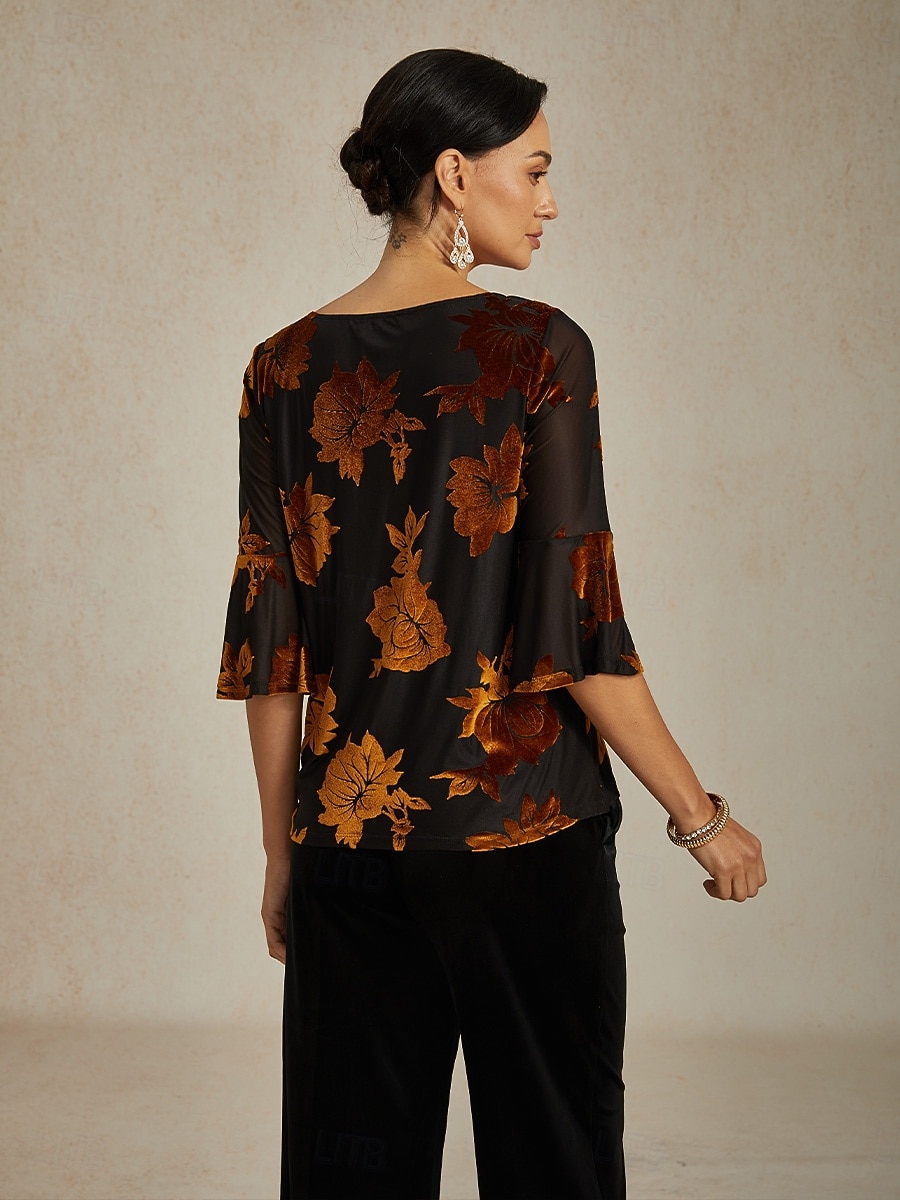camicetta da donna elegante top in velluto floreale elegante casual girocollo top normali da invitata a nozze quotidiano marrone autunno inverno del 2025 a $59.99 –P2