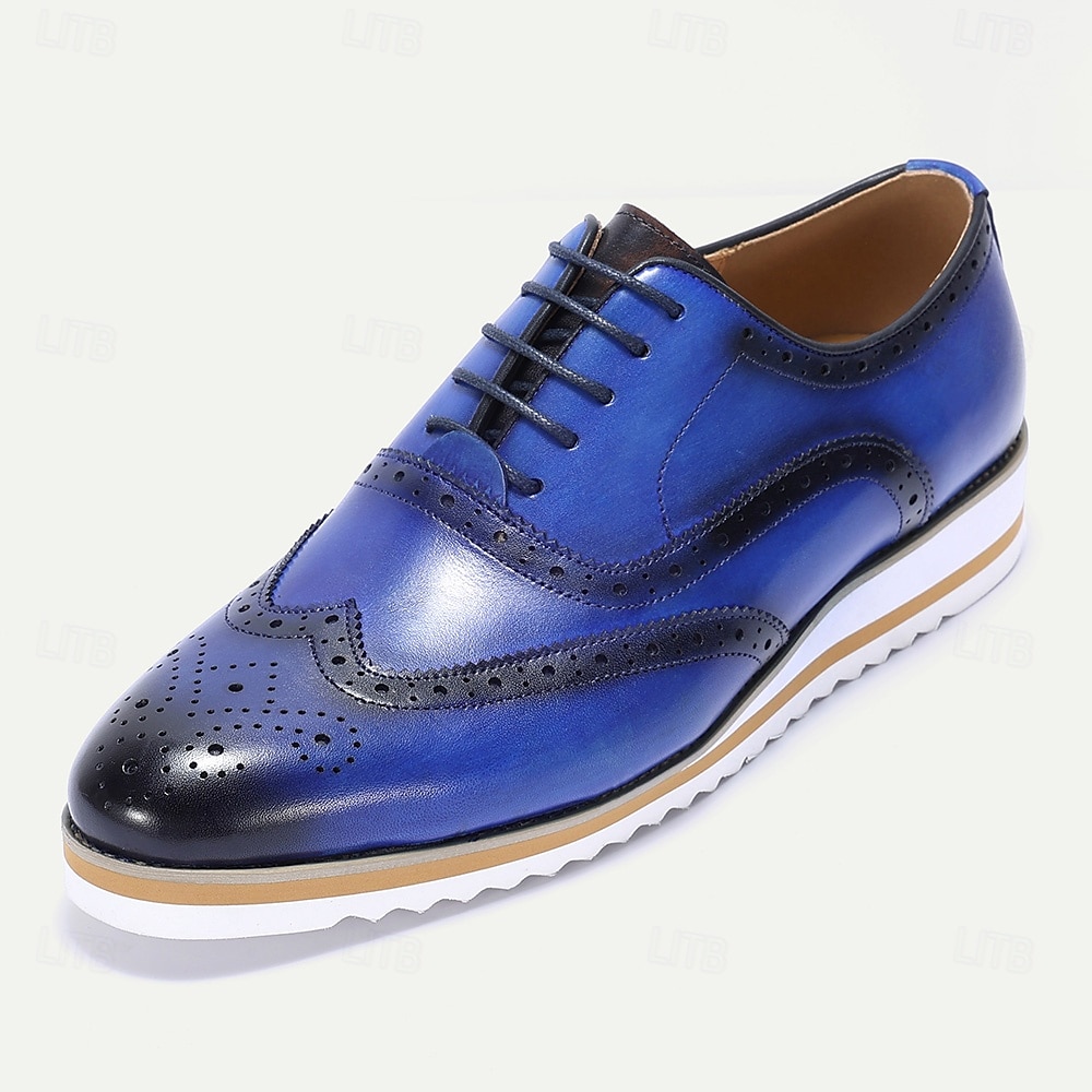 Herrskor i äkta läder med blå wingtip brogue-detaljer – snygga snörskor för affärskläder för bröllop, fester och vardagskläder på kontoret 2025 - $94.99 –P1