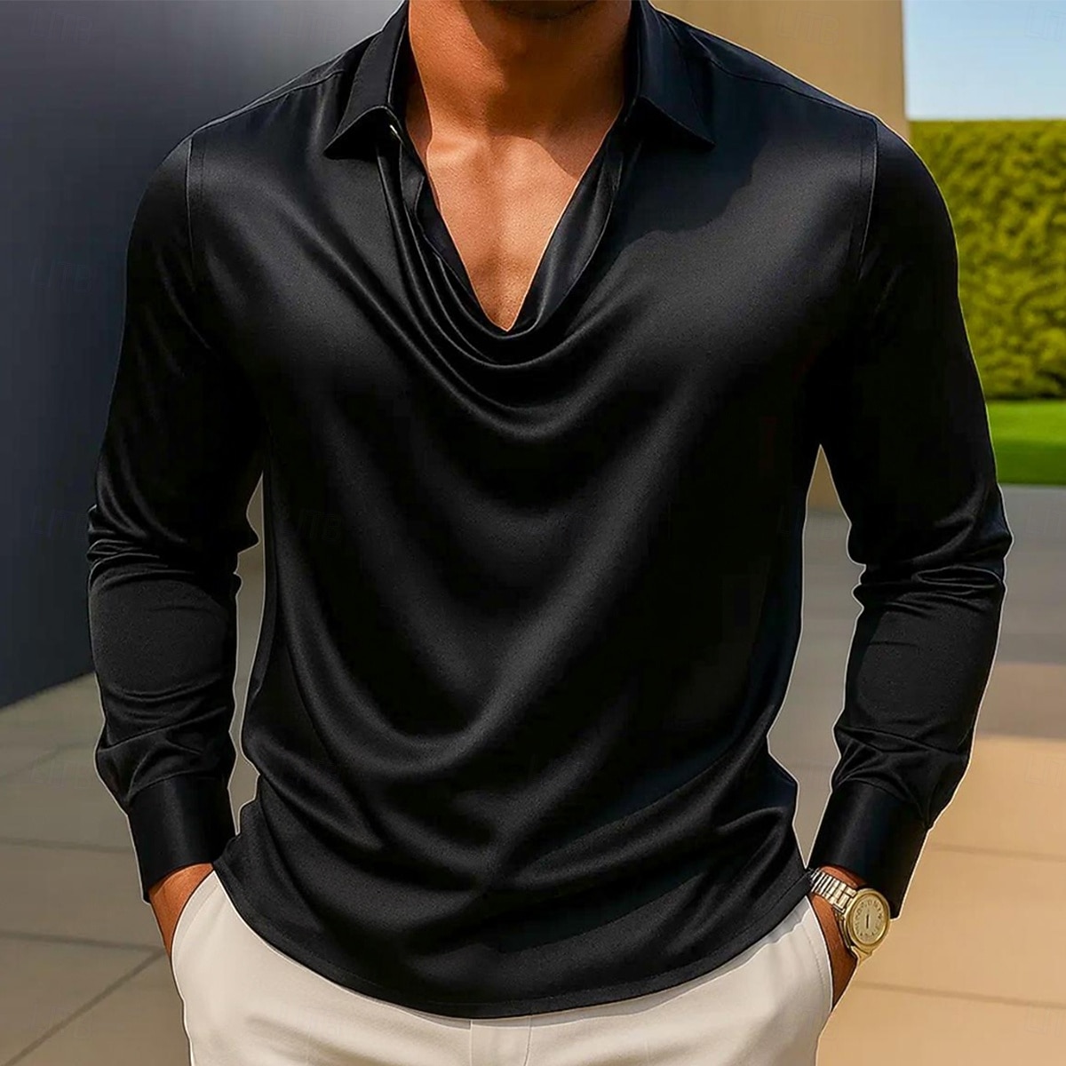 Homme Chemise Comme de la soie Chemise en satin Chemise Décontractée Uni Formel Mariage Argent Noir Dorée Vert manche longue Revers Printemps & Automne Toutes saisons Vêtement Tenue Froncé de 2025 ? $23.99 –P3