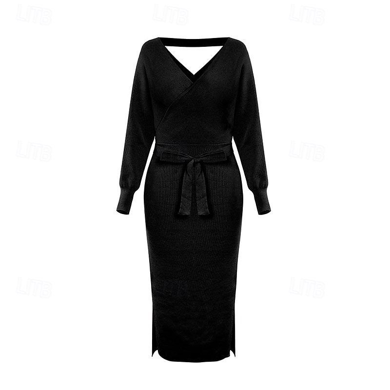 Dámské Midi šaty Svetrové šaty Pletené šaty Elegantní Módní Moderní Netopýří rukávy Dovolená Denní Jdeme ven Běžný Bez vzoru Dlouhý rukáv Do V Černá Rubínově červená Khaki Šedá Podzim Zima 2025 - $41.99 –P4