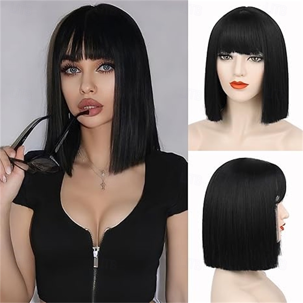 Fioletowa peruka typu bob z grzywką, krótka, prosta, ciemnofioletowa peruka typu bob dla kobiet, do ramion, syntetyczna, odporna na ciepło, z płaską grzywką, na co dzień, na imprezę, cosplay, 2025 - $16.49 –P2