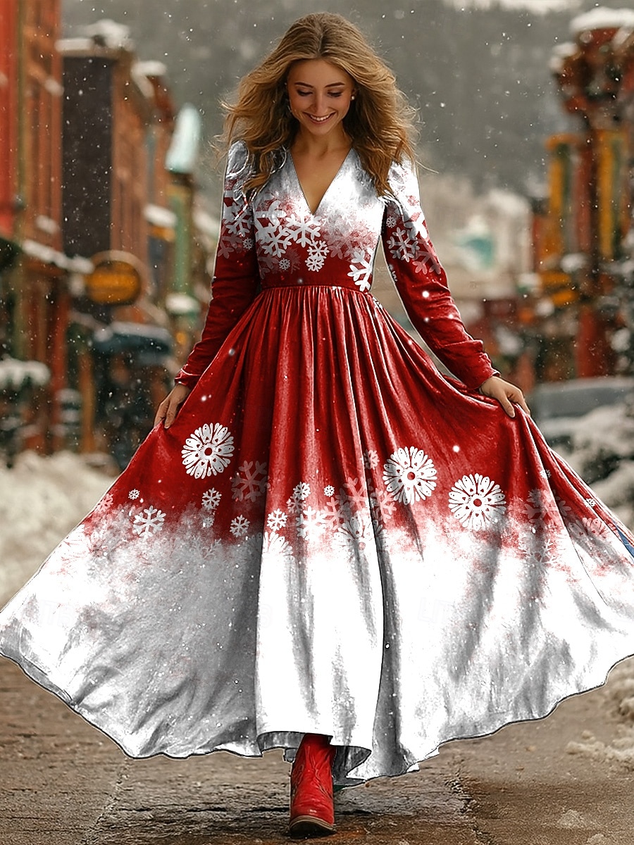 Noël Femmes Robe maxi Robe Plissée Fête Occasionnel Boho Quotidien Date Sortir Coupe régulière Motif de flocon de neige manche longue Col en V Rouge Bleu Automne Hiver de 2025 ? $41.99 –P2