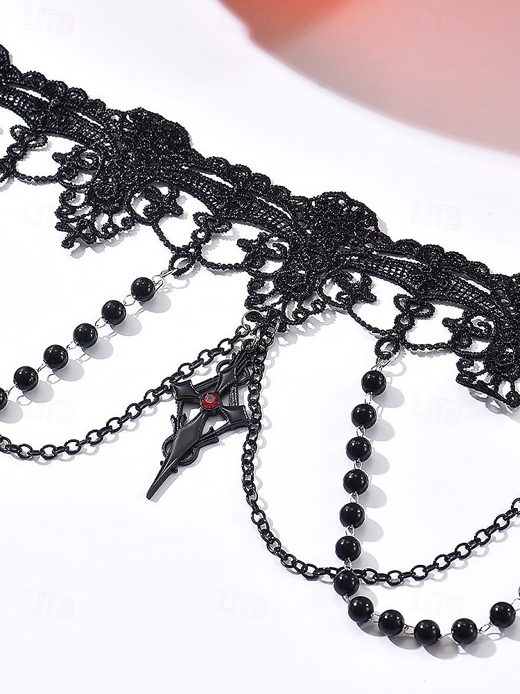 Zestaw damski naszyjnik i kolczyki w stylu gotyckim z koronką na Halloween – czarna koralikowa biżuteria wampirza na imprezę kostiumową i cosplay 2025 - $11.99 –P7