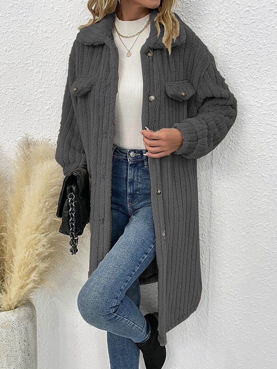 Mujer Abrigo de invierno Chaqueta de sherpa Cómodo Transpirable Bolsillo Botones Casual Plano Vacaciones Calle Casual Ropa Cotidiana Botonadura Simple Largo Cuello Vuelto Ajuste regular Manga Larga 2025 - $36.99 –P7