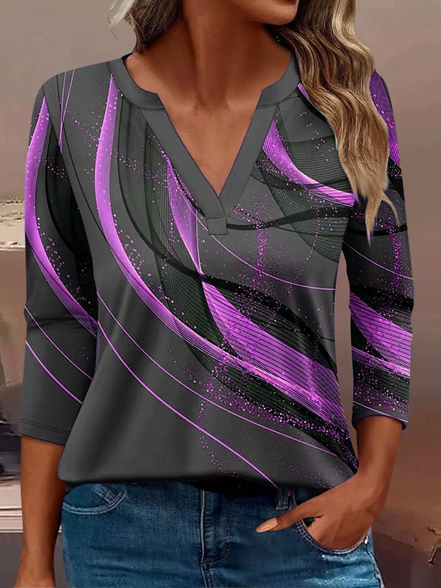 Femmes T-shirt Graphique Géométrique Abstrait ancien Élégant Classique manche longue Col en V Encolure en V Hauts Réguliers Quotidien Imprimé Bleu Violet Dorée Vert Printemps Automne Hiver de 2025 ? $27.99 –P3