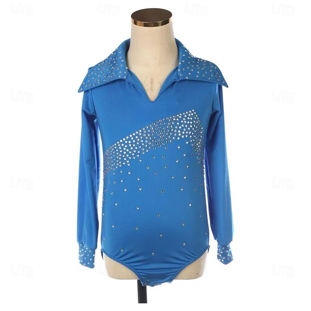 Topp til kunstløp Herre Gutt Skøyteløp Topper Blå Lapper Spandex Høy Elastisitet Trening Konkurranse Skøyteklær Klassisk Krystall / Rhinstein Langermet Skøyting Kunstløp 2025 - $283.99 –P1