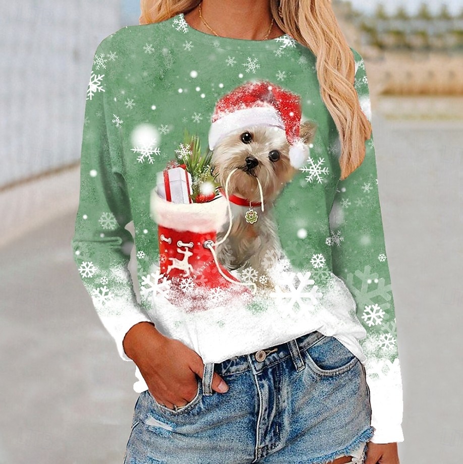Noël Femmes T-shirt Graphique Chien Noël ancien Mode Élégant manche longue Col ras du cou Col rond Hauts Réguliers Quotidien Week-end Imprimé Bleu Violet Fuchsia Vert Kaki Automne Hiver de 2025 ? $23.99 –P2