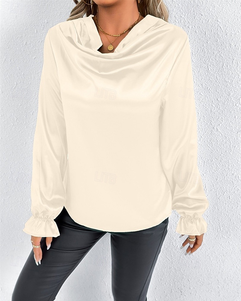 Жен. Рубашка Elegant Нарядный Атласный верх Драпировка Сплошной цвет Стиль На каждый день Длинный рукав Вырез-хомут Обычные топы Повседневные На выход Черный Розовый Зеленый Абрикосовый Весна Осень 2026 - $27.99 –P22