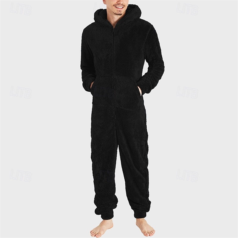 Men's Loungewear Bodysuits Sleepwear 1 PC Plain Warm Fashion Stylish Home Daily Bed Sherpa Polar Fleece Thermal Warm Comfort Soft Hoodie Long Sleeve Pocket Fall Winter Light Pink Black 2026 - $46.99 –P2