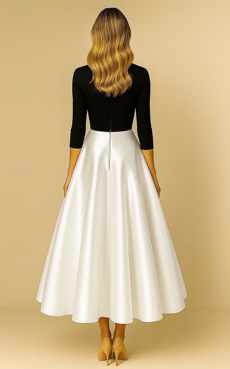 Abiti da cocktail A-Line in nero e bianco Abito formale elegante Abito da matrimonio formale lunghezza tea midi lunghezza manica 3/4 colletto a punta Top in crepe elasticizzato gonna in satin con del 2025 a $134.99 –P2