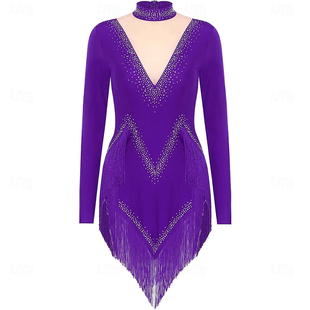 Rochie de dans latino strălucitoare pentru femei, cu mânecă lungă, cu ciucuri, cha cha, salsa, rumba, tango 2025 - $142.99 –P9