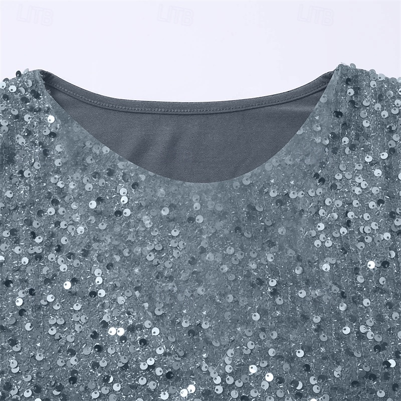 Femmes T-shirt Couleur Unie ancien Mode Élégant manche longue Col ras du cou Col rond Hauts Réguliers Quotidien Week-end Paillettes Patchwork Gris Printemps Automne de 2025 ? $23.99 –P4