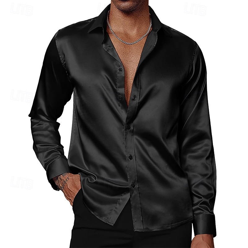 Herren Hemd Satinhemd Kleidhemd Freizeithemd Knopfhemd Hemden zum Herausstecken Einfach Formell Hochzeit Schwarz Weiß Wein Grün Langarm Revers Frühling & Herbst Ganzjahres Bekleidung Rein 2025 - $23.99 –P4