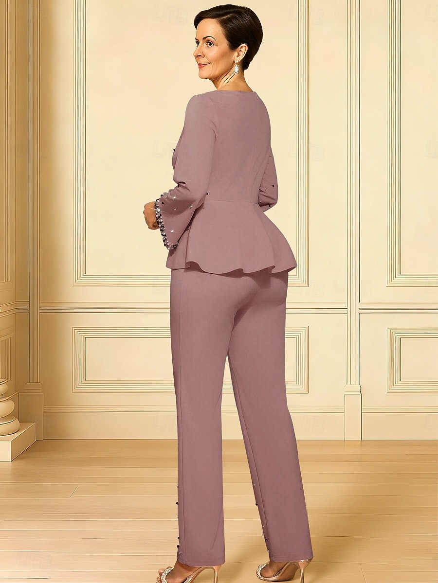 Overalls Knöchellänge Brautmutterkleid Langarm V Ausschnitt Elegant Formell Hochzeitsgast Hochzeitsfeier Stretchstoff mit Rüschen 2026 - $172.99 –P2