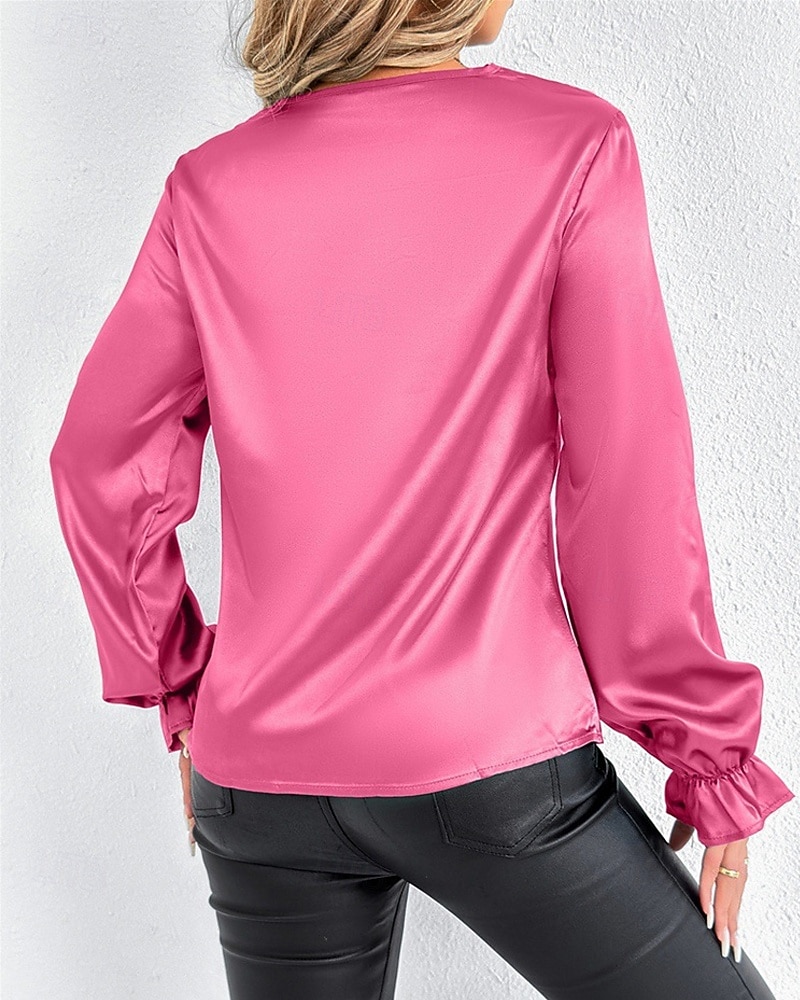 Жен. Рубашка Elegant Нарядный Атласный верх Драпировка Сплошной цвет Стиль На каждый день Длинный рукав Вырез-хомут Обычные топы Повседневные На выход Черный Розовый Зеленый Абрикосовый Весна Осень 2026 - $27.99 –P18