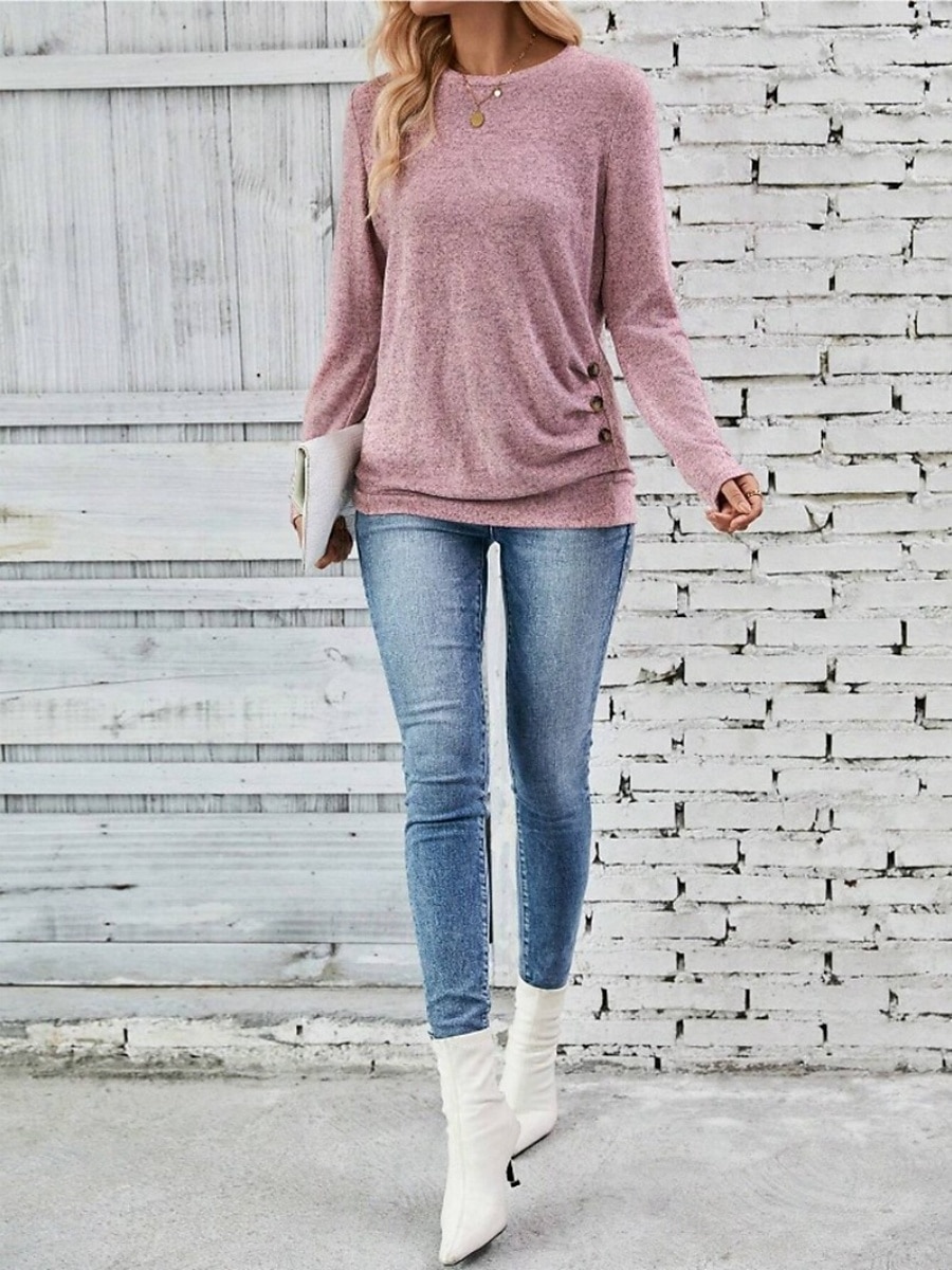 Dame Bluse Helfarge Tropisk Stilfull Fritid Langermet Crew-hals Vanlige topper Daglig Knapper Rosa Himmelblå Grønn Grå Sommer Vår Høst 2025 - $23.99 –P9
