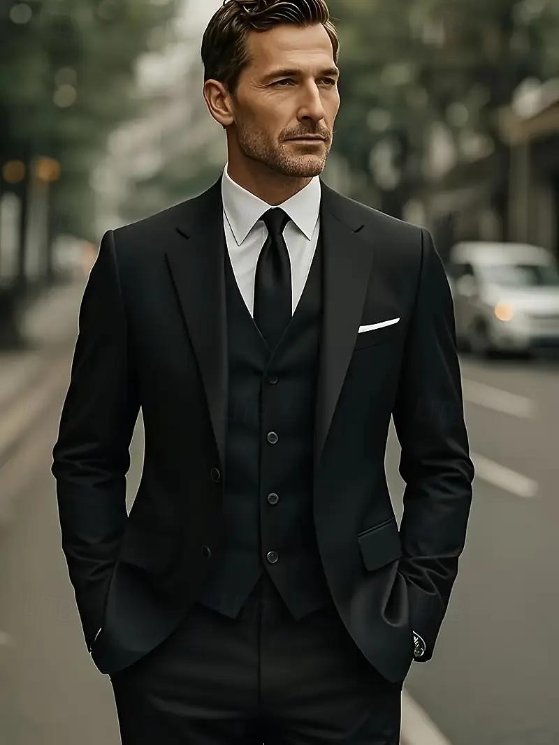 Heren Bruiloft Trouwpakken Ingesneden revers Zwart Bordeaux Jurken Effen Standaard pasvorm 3-delige set Enkele rij knopen met twee knopen 2025 - $129.99 –P8