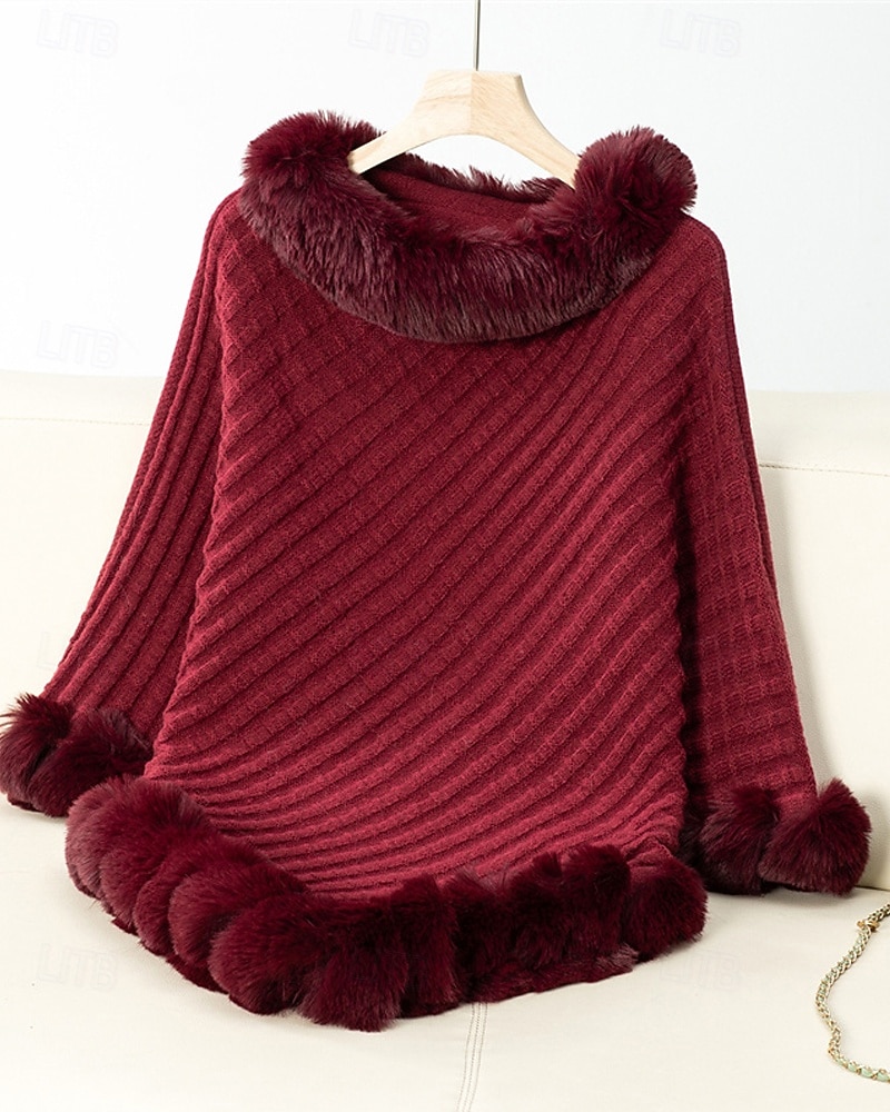 Damen Pullover Schultertuch Elegant Mode Streetwear Einfarbig Gerippt Rollkragen Gestrickt Asymmetrischer Saum Kunstpelzbesatz Halbarm Normale Oberteile Stricken Outdoor Täglich Wochenende Weinrot 2025 - $39.99 –P10