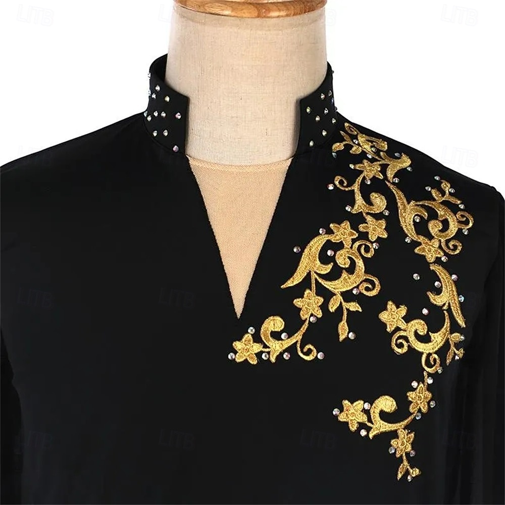 Figure Skating Top Men's Boys' Ice Skating Tops Black Patchwork Spandex High Elasticity Training Competition Skating Wear Classic Crystal / Rhinestone Long Sleeve Ice Skating Figure Skating 2025 - $338.09 –P9