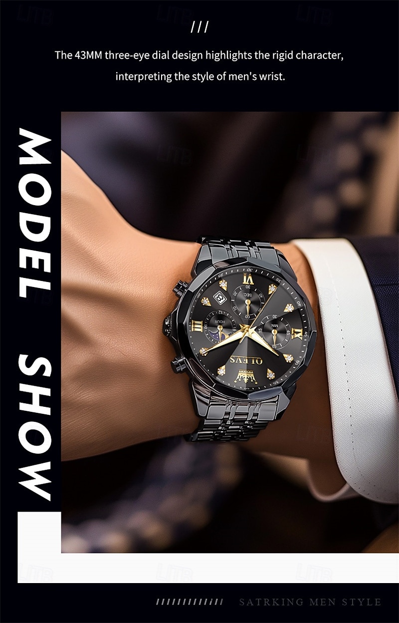 The New Olevs Men'S Business Watch With Luminous Calendar Small Three-Hand Moon Phase Display Multi-Functional Quartz Watch Waterproof Casual And Fashionable Men'S Sports Wristwatch 2025 - $34.99 –P12