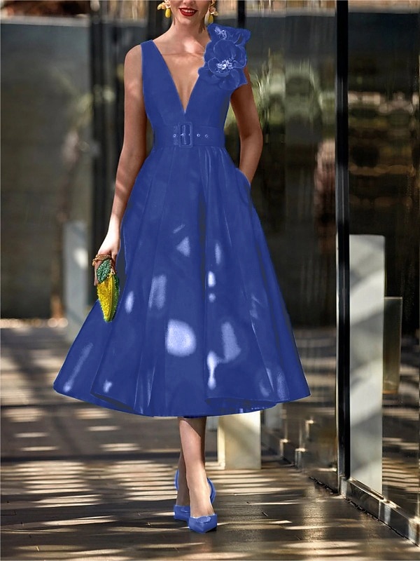 Ligne A Longueur thé Robes de Cocktail Robes de soirée Élégant ancien Sans manches Col en V Formel robe demoiselle d honneur Ceinture / Écharpe Satin avec Plis Fleur d'Épaule de 2025 ? $139.99 –P1