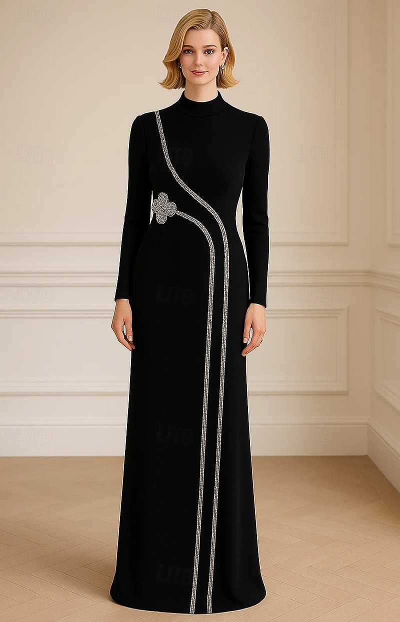 Robe de soirée fourreau / colonne ornée de cristaux, cravate noire, élégante robe de soirée formelle, longueur au sol, manches longues, col haut avec cristaux 2025 de 2025 ? $134.99 –P1