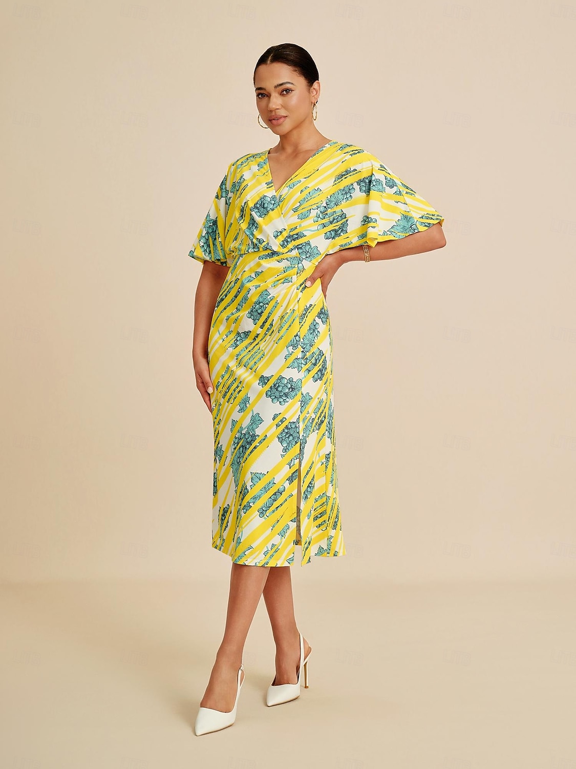 abito midi da donna manica a pipistrello elasticizzato stampa audace elegante versatile casual quotidiano primavera estate autunno del 2025 a $86.99 –P5