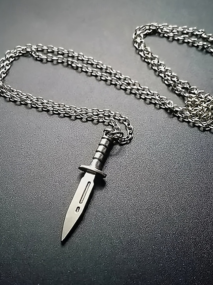 Мужское ожерелье с кулоном в виде кинжала из титановой стали – готическая панк-цепочка с ножом для вечеринки на Хэллоуин, косплея и повседневной носки 2026 - $11.99 –P4
