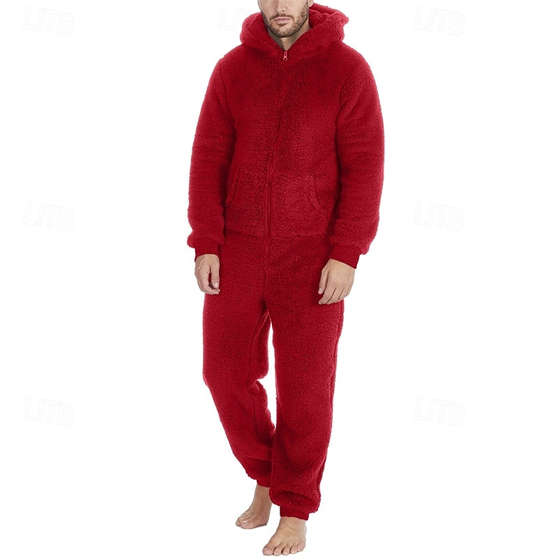 Men's Loungewear Bodysuits Sleepwear 1 PC Plain Warm Fashion Stylish Home Daily Bed Sherpa Polar Fleece Thermal Warm Comfort Soft Hoodie Long Sleeve Pocket Fall Winter Light Pink Black 2026 - $46.99 –P14
