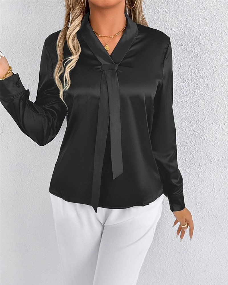 Per donna Camicia Camicia in raso Tinta unica Elegante Casual Manica Lunga Scollo a V Top Regolari Quotidiano Uscire Nodo frontale Nero Bianco Primavera Autunno del 2025 a $18.99 –P11
